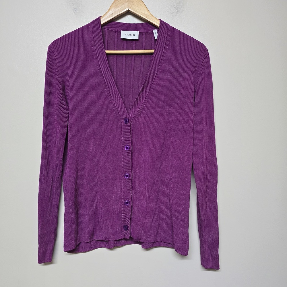St. John Purple Ribbed Knit Cardigan Sweater Women's‎ Size L V-Neck Button Front